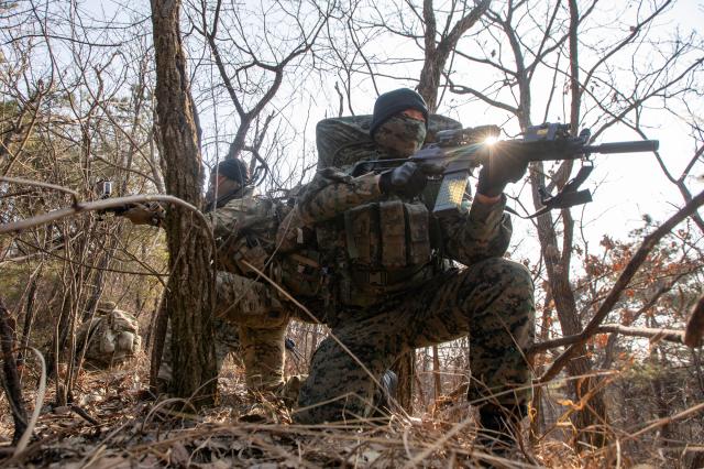 한미 특전대원들이 지난 31일 경기도 포천시 미 로드리게스 사격장에서 전투사격 훈련을 하고 있다사진육군