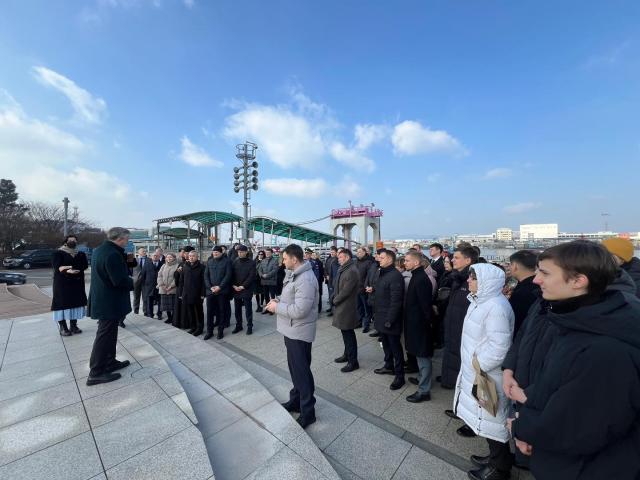 Russian Ambassador to the Republic of Korea Georgy Zinoviev is making a speech during a memorial event held at the St Petersburg Square in Incheons Chemulpo harbor on February 9 2024  Courtesy of the Russian Embassy in the Republic of Korea