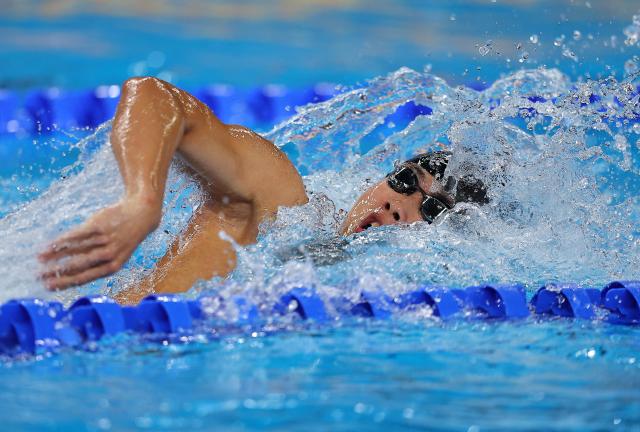황선우가 13일한국 시간 카타르 도하 어스파이어돔에서 열린 2024 세계수영선수권 남자 자유형 200ｍ 준결승에서 역영하고 있다사진로이터·연합뉴스