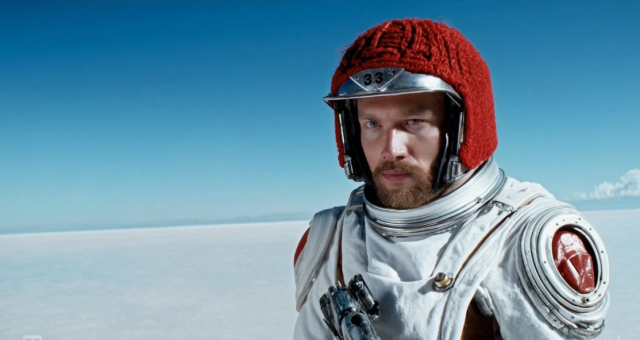 오픈AI GPT 프롬프트입력에  빨간색 울 니트 오토바이 헬멧을 쓴 30세 우주인의 모험을 담은 영화 예고편 푸른 하늘 소금 사막 영화 스타일 35mm 필름으로 촬영 이라고 입력후 나온 결과 영상 사진오픈AI 캡쳐