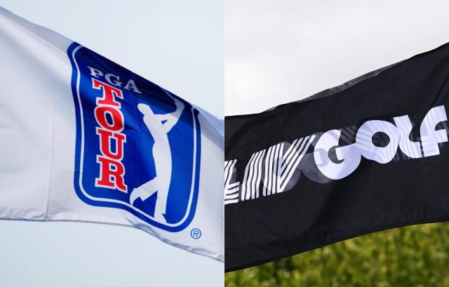 PGA 투어·LIV 골프 깃발이 하늘에 나부끼고 있다 사진AP·EPA·연합뉴스