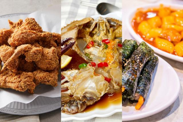 Các món ăn được du khách nước ngoài yêu thích khi đến thăm Hàn Quốc Từ trái sang gà rán cua ngâm tương tteokbokki và cơm cuộn rong biển ẢnhCreatrip