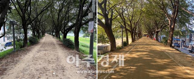 금호강변 공항교부터 율하천교 둑길 일대에 조성하고 있는 맨발걷기 산책로 사업이다 사진대구동구