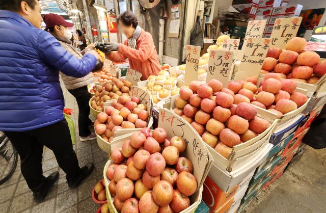 사과·배 등 과일류 가격이 강세를 보이고 있는 가운데 3월 3일 서울 한 전통시장을 찾은 시민이 장을 보고 있다 사진연합뉴스