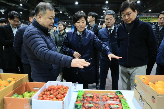 송미령 농림축산식품부 장관이 서울 가락시장에서 사과 가격을 점검하고 있다 사진농식품부