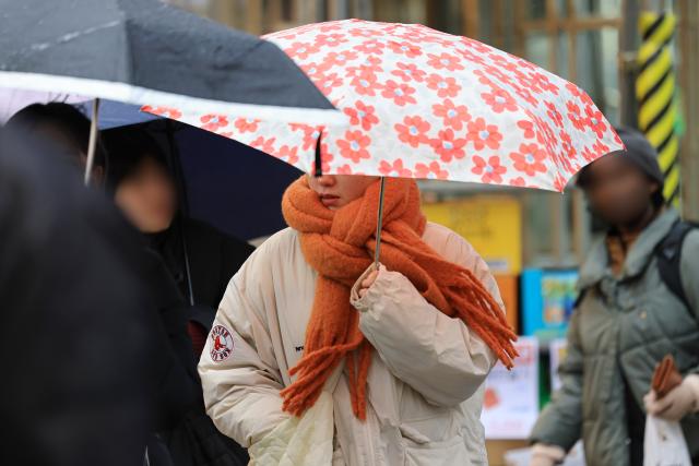 전국 곳곳 비나 눈이 내린 21일 오후 서울 중구 명동거리에서 목도리를 한 시민이 우산을 쓰고 이동하고 있다 사진연합뉴스
