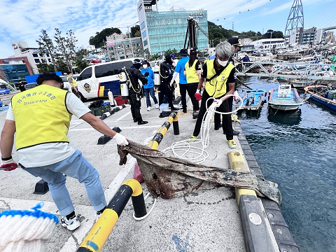 해양경찰과 명예해양환경감시원이 정화활동을 펼치고 있다 사진여수해경

