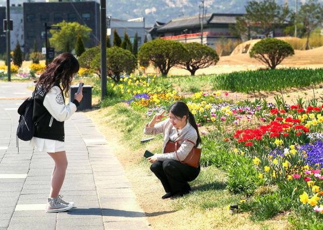 A woman takes a photo of her friend at Songhyeon Green Plaza in central Seoul on April 12 2024 AJU PRESS Han Jun-gu
