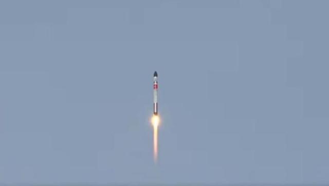 This image captured from Rocket Labs YouTube livestream on April 24 2024 shows Koreas nanosatellite being lifted off from a spaceport in Mahia New Zealand Yonhap

