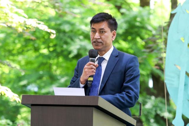Bangladesh Ambassador to Korea Delwar Hossain delivers a speech at an event on Nami Island in Chuncheon Gangwon Province May 3 2024 AJU PRESS Kim Dong-woo