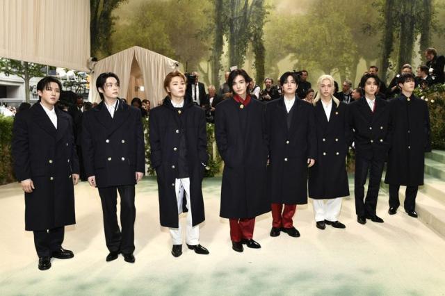 Boy band Stray Kids attends a benefit gala for an exhibition by the Metropolitan Museum of Arts Costume Institute in New York on May 6 2024 AP-Yonhap