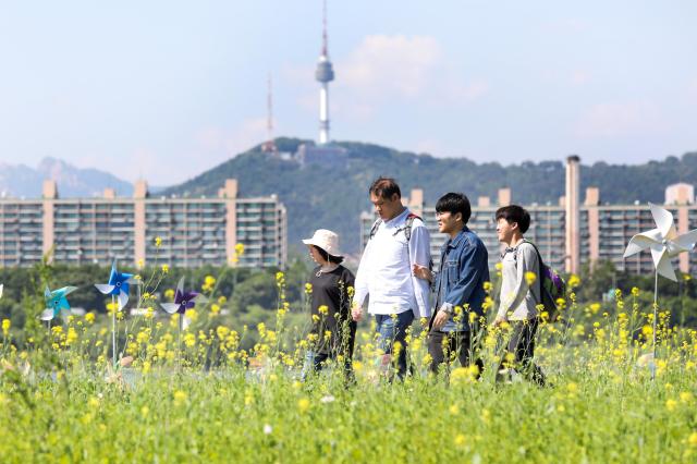 Visitors walk among rapeseed flower at the Rapeseed Flower Festival AJU PRESS Kim Dong-woo