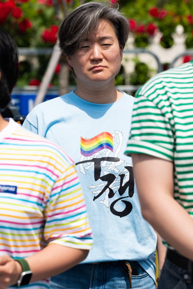 An attendee at the IDAHOBIT press conference wears a t-shirt with the word Struggle printed on it  AJU PRESS Park Jong-hyeok
