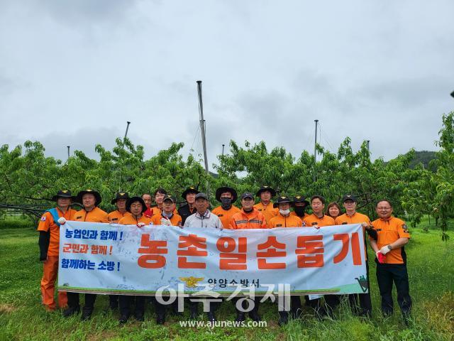 양양소방서 직원들이 24일 오전 10시 양양읍 서면 용천리 복숭아 과수농가에서 열매속기 작업을 하며 농가에 힘을 보태고 단체촬영을 하고 있다사진양양소방서