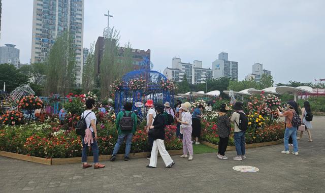 24일 오후 서울국제정원박람회가 열린 뚝섬한강공원 한 가운데 설치된 장미 조형물에 시민들이 몰려있다 사진백소희 기자