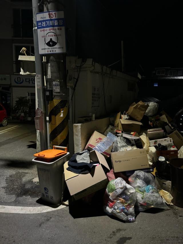 무단 방치되고 음식물 쓰레기와 혼합 투기 된 채 방치되고 있는 합천읍의 151번 쓰레기 적치장의 모습사진김규남 기자 