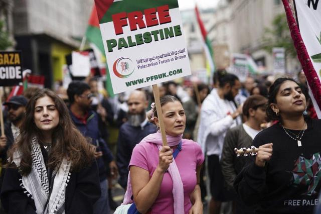 People take part in a Nakba 76 pro-Palestine demonstration and march in London on May 18 2024 marking the mass displacement of Palestinians in 1948 referred to as the Nakba and calling for an end to arming Israel AP-Yonhap