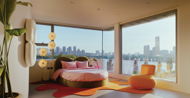 Quang cảnh phòng ngủ của Sky Suite với view sông Hàn ẢnhThành phố Seoul