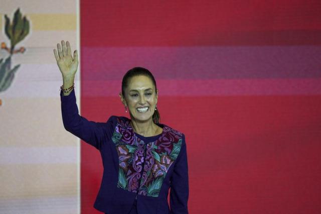 Ruling party presidential candidate Claudia Sheinbaum addresses supporters after the National Electoral Institute announced she held an irreversible lead in the race in Mexico City on June 3 2024 AP-Yonhap