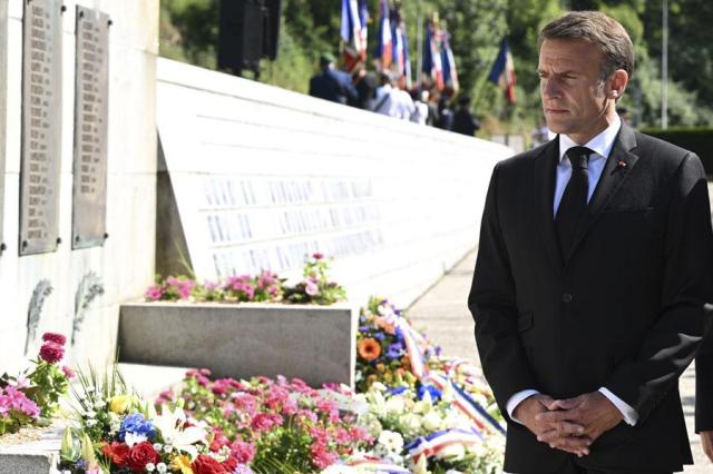 French President Emmanuel Macron attends a memorial ceremony in Tulle central France on June 10 2024 where 99 civilians were hanged by a Nazi commando on June 9 1944 AP-Yonhap