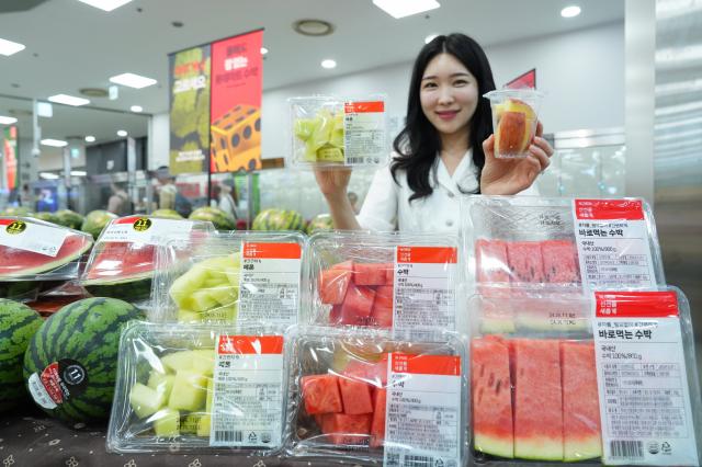 모델이 롯데마트 제타플렉스 서울역점 과일매장에서 소용량 조각 과일을 홍보하고 있다 사진롯데마트·슈퍼