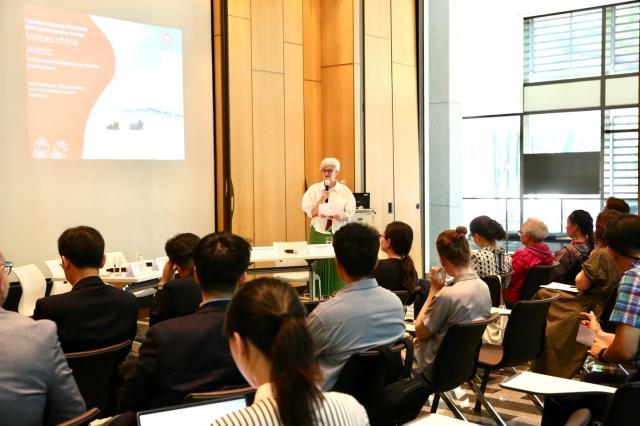 Tamara Mawhinney Ambassador of Canada to the Republic of Korea delivers a welcoming message for the Voice from the Arctic Indigenous Perspective on Marine Environment event held at the Canadian Embassy in Seoul on June 14 AJU PRESS Han Jun-gu