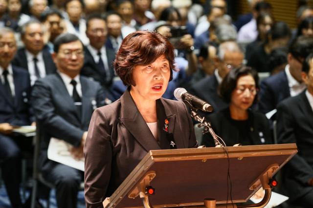 The Minister of Patriots and Veterans Affairs Kang Jung-ai delivers a eulogy during the 75th anniversary memorial ceremony of Paik Beom Kim Koo at Yongsan-gu Seoul on June 26 2024 AJU PRESS Kim Dong-woo