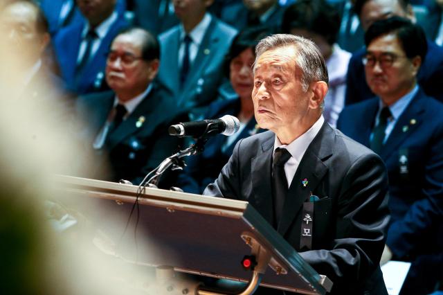 The Association of Commemorative Services for Patriot Kim Koo Park Yu-chul chairman delivers a eulogy during the 75th anniversary memorial ceremony of Paik Beom Kim Koo at Yongsan-gu Seoul on June 26 2024 AJU PRESS Kim Dong-woo

