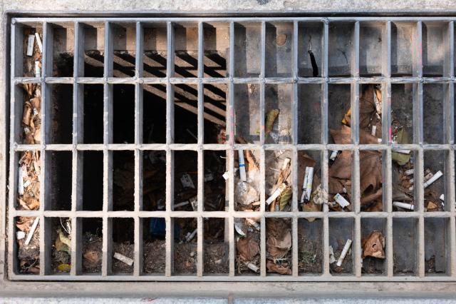 Storm drain cover near Gwanghwamun Station Seoul clogged with cigarette butts and fallen leaves June 28 2024 Leaves are also a major factor in drain blockages AJU PRESS Park Jong-hyeok