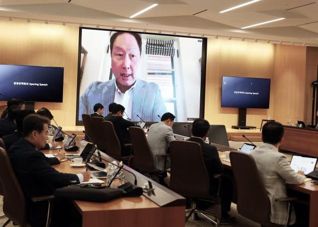 SK Group Chairman Chey Tae-won delivers opening speech via video conference during the management strategy meeting held on June 28-29 at the SKMS Research Institute in Icheon Gyeonggi Province Courtesy of SK Group
