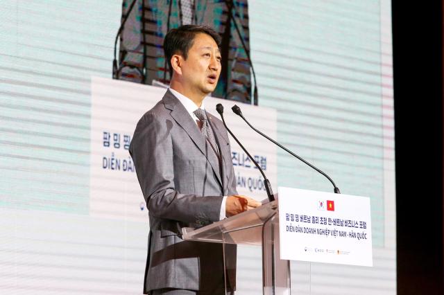 Minister of Trade Industry and Energy Ahn Duk-geun delivers a welcome speech at the Korea-Vietnam Business Forum at a Seoul hotel on July 1 2024 AJU PRESS Kim Dong-woo