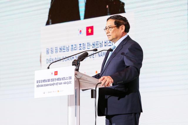 Vietnamese Prime Minister Pham Minh Chinh speaks during an opening address of a business forum held in central Seoul on July 1 2024 AJU PRESS Kim Dong-woo