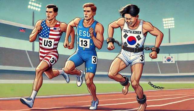 오픈AI의 DALL-E를 통해 생성한 그림 법안 조성이 되지 않은 한국의 현 상황을 족쇄에 묶인 달리기 선수로 표현했다 사진DALL-E