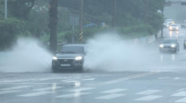  제주도에 호우특보가 내려진 20일 오후 제주 서귀포시 중문의 한 도로에 빗물이 고여 차량이 물보라를 일으키며 지나고 있다 2024620 사진연합뉴스
