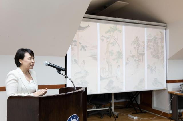 Kim Sun-myung Director of the Pushkin Cultural Center gives an opening speech at the exhibition marking the 140th anniversary of the Russia-Korea treaty of 1884 held at the Appenzeller Noble Memorial Museum in Seoul July 8 2024 AJU PRESS Park Jong-hyeok 