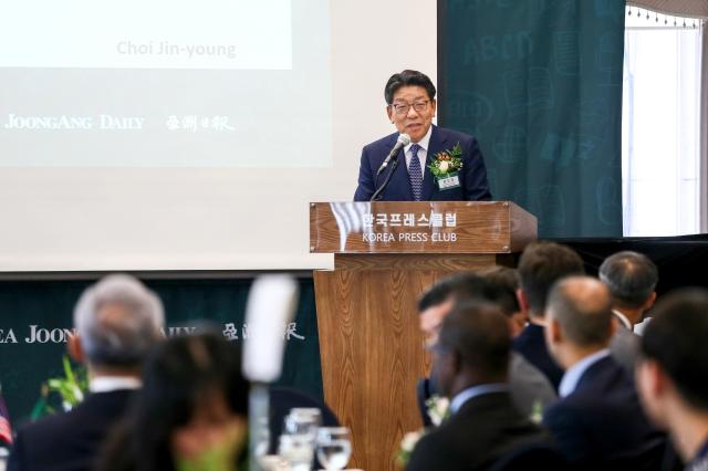 Choi Jin-young Foreign Language Newspapers Association of Korea chairman has given a greeting speech at the 9th anniversary celebration of the association at the Korea Press Center on July 9 2024 AJU PRESS Kim Dong-woo