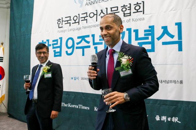 Qatar Ambassador to Korea Khalid Ebrahim AL-HAMAR has given a toast at the 9th anniversary celebration of the Foreign Language Newspapers Association of Korea at the Korea Press Center on July 9 2024 AJU PRESS Kim Dong-woo 