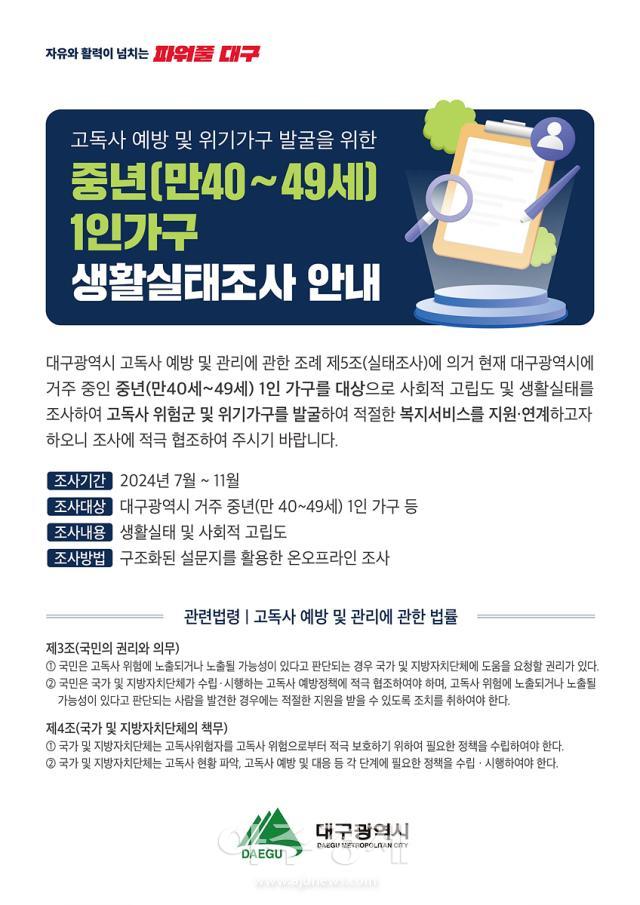 대구광역시는 거주 중년인 만 40세부터 49세까지 가구를 대상으로 고독사 위험자 발굴을 위한 실태조사를 진행한다 사진대구시