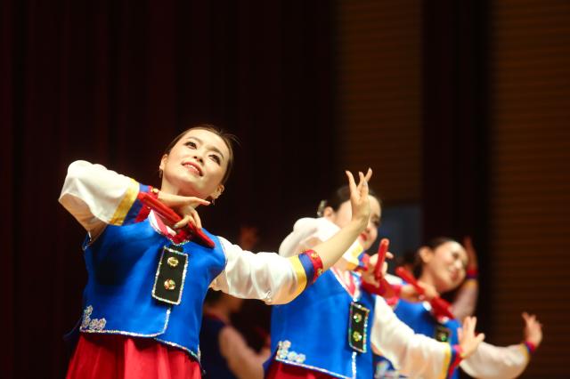 Members of the Pyongyang Arirang Art Association composed of North Korean defectors dance at the North Korean traditional culture and art performance in Yangcheon Seoul on July 8 2024 AJU PRESS Han Jun-gu