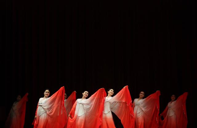 Members of the Pyongyang Arirang Art Association composed of North Korean defectors sing and dance at the North Korean traditional culture and art performance in Yangcheon Seoul on July 8 2024 AJU PRESS Han Jun-gu