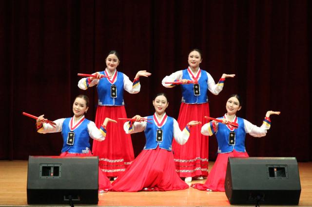 Members of the Pyongyang Arirang Art Association composed of North Korean defectors dance at the North Korean traditional culture and art performance in Yangcheon Seoul on July 8 2024 AJU PRESS Han Jun-gu