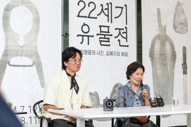 Photographer MJ KimL and Actress Kim Hye-jaR speak at the 22nd Century Relic Exhibition opening press conference  at Dream Forest Art Center in Seoul on July 11 2024 AJU PRESS Kim Dong-woo