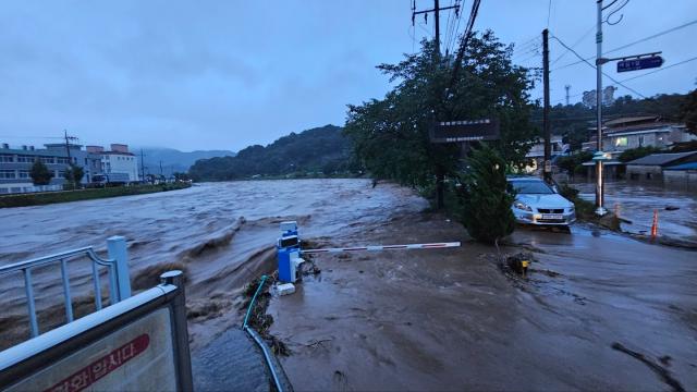 10일 오전 영동군 영동천이 범람하면서 읍내 저지대가 침수되고 있다사진연합뉴스