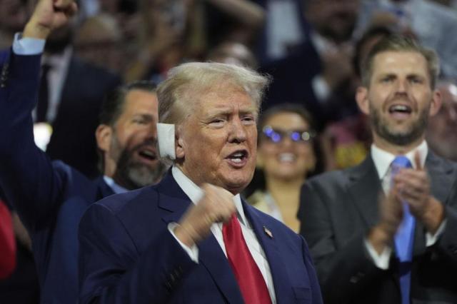 Republican presidential candidate former President Donald Trump appears during the Republican National Convention in Milwaukee on July 15 2024 AP-Yonhap