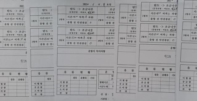 취재진의 지난 6월 16일 8명 정원의 탄도호에 12명이 탑승했으나 운항일지에는 8명으로 기재되어 있다사진김옥현 기자