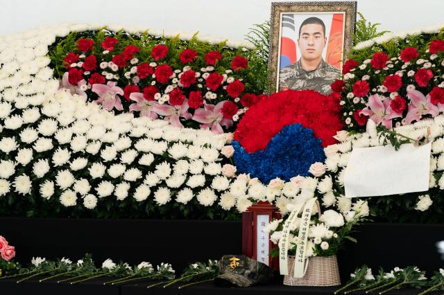 A makeshift shrine for Marine Chae Su-geun stands at Cheonggye Plaza in central Seoul on July 19 2024 AJU PRESS Park Jong-hyeok