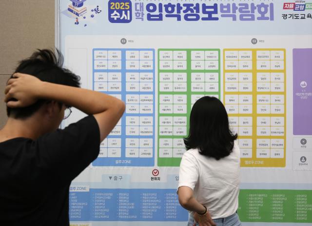 A student and parent look at a directional sign at the 2025 University Early Admission Expo held at KINTEX in Goyang west of Seoul on July 19 2024 AJU PRESS Han Jun-gu