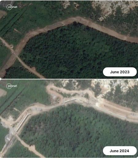 Satellite images from Planet Labs taken in June 2023 and approximately a year later show new structures along the border between the two Koreas