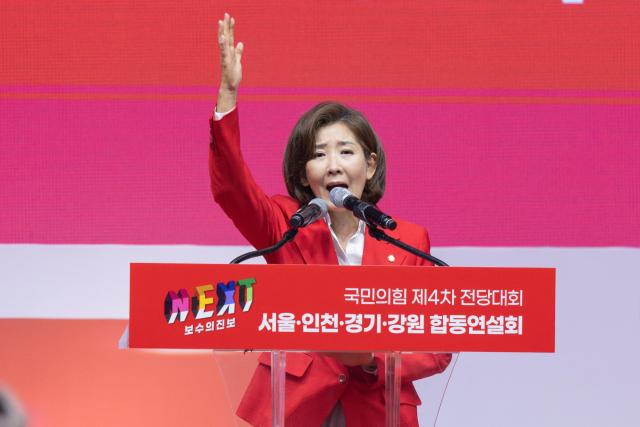 나경원 국민의힘 당대표 후보가 17일 오후 경기 고양시 고양 소노 아레나에서 열린 제4차 전당대회 서울·인천·경기·강원 합동연설회에서 정견 발표를 하고 있다 20240717사진유대길 기자 dbeorlf123ajunewscom