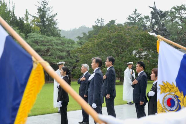 Cho Kuk leader of the Cho Kuk Innovation Party salutes the national flag at the Seoul National Cemetery in Seoul on July 22 AJU PRESS Han Jun-gu